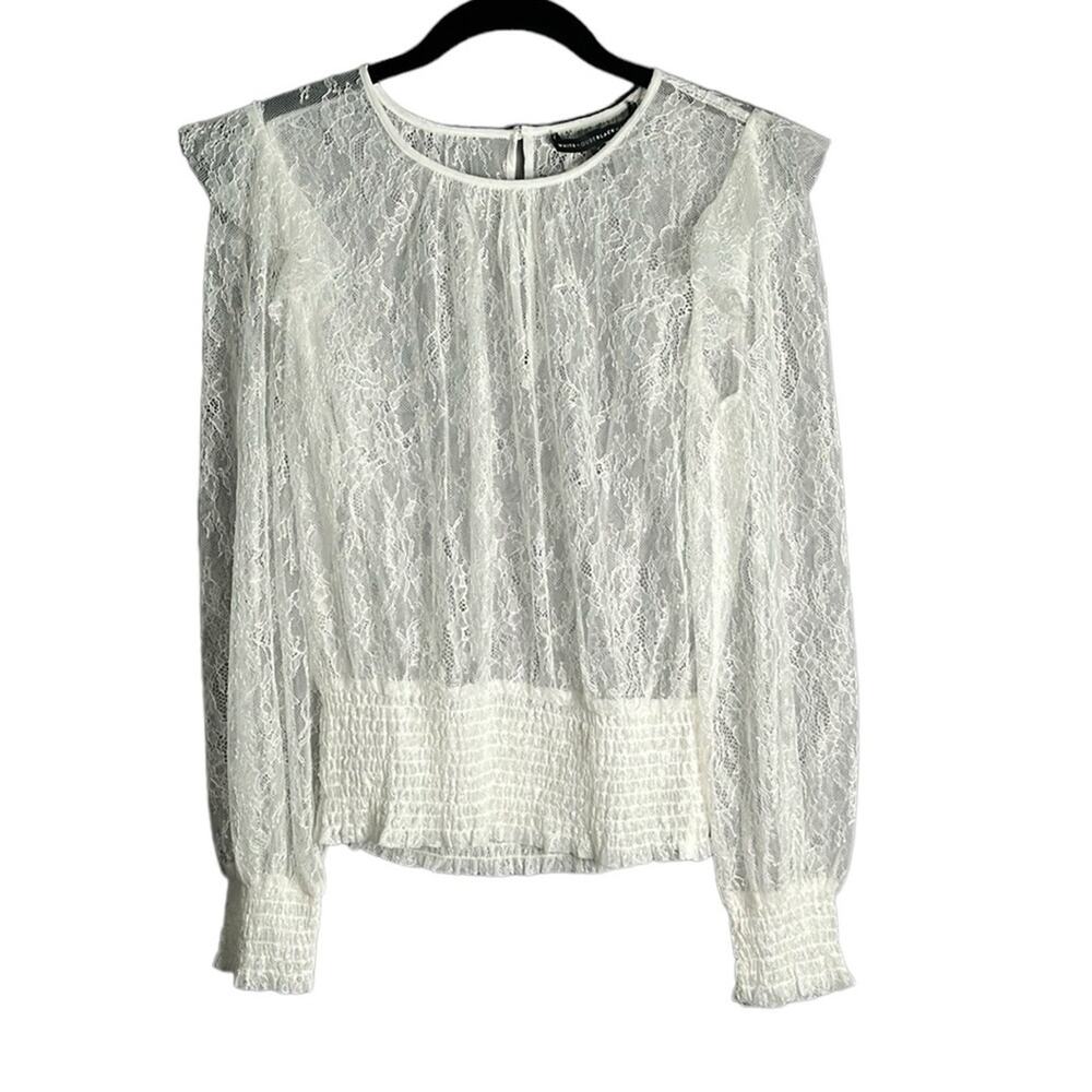 White House Black Market White Lace Sheer Top Smocked Hem Small